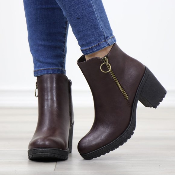 Brown Synthetic Leather Chunky Lug Block Heel Round Toe Ankle Boots - Picture 11 of 11